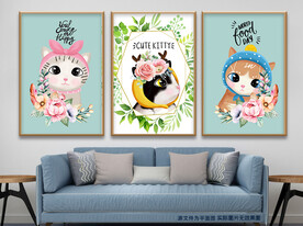 植物花朵可爱猫咪无框画