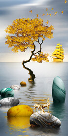 石来运转麋鹿山水玄关装饰画