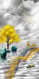 石来运转麋鹿山水玄关装饰画