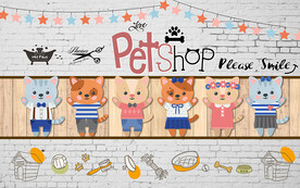 砖墙可爱猫咪宠物店背景墙