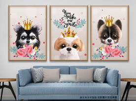 卡通狗狗大眼萌宠花朵无框画