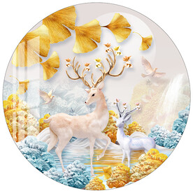 北欧麋鹿金色银杏叶圆形装饰画