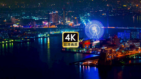 航拍夜晚港口城市建筑群摩天轮