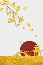 装饰画 金黄色叶子 杏叶 凉亭