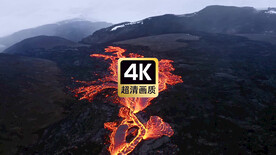 航拍火上爆发流淌的岩浆熔岩