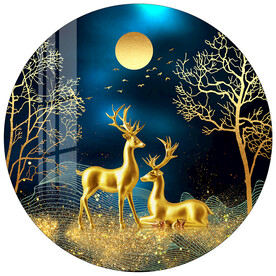 金色麋鹿发财树圆形装饰画