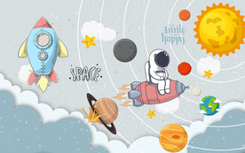 卡通太空人宇宙儿童房背景墙