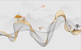 抽象金色麋鹿山水风景背景墙