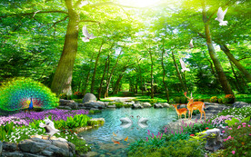 树林小溪孔雀风景背景