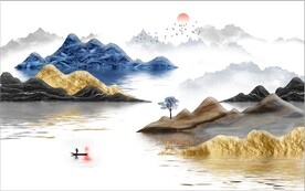 新中式浮雕金色山水电视背景墙