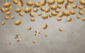 中式银杏花鸟背景墙壁画