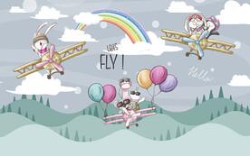 可爱小动物飞机儿童房背景墙