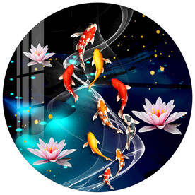 荷花九鱼图飘带圆形装饰画