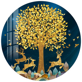 抽象麋鹿发财树金色圆形装饰画