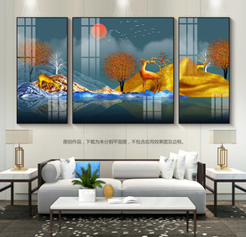 轻奢金山麋鹿沙发背景画晶瓷画
