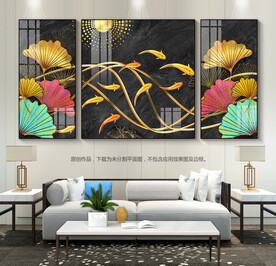 现代客厅装饰画九鱼图银杏叶挂画