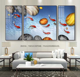 九鱼图客厅装饰画玄关挂画三联画