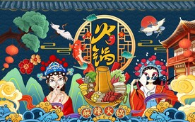 国潮火锅美食背景墙