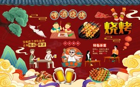 手绘撸串烧烤餐厅工装背景墙图片