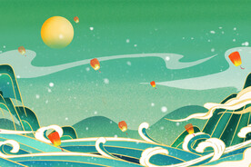 国潮插画装饰云朵日出背景