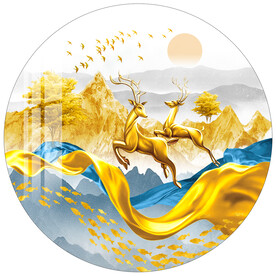 金色飘带轻奢山水麋鹿圆形装饰画