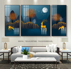 抽象群山麋鹿客厅装饰画三联画