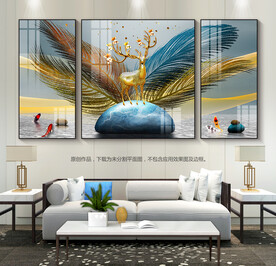 轻奢风客厅装饰画羽毛麋鹿三联画