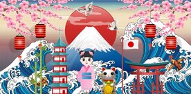 浮世绘招财猫日本料理餐饮背景墙