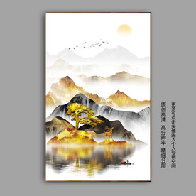 高山流水迎客松山水麋鹿装饰画
