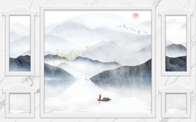 水墨山水 船 鸟