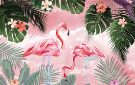 植物火烈鸟背景墙