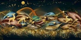 抽象羽毛发财鹿金箔三联画