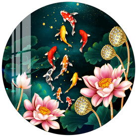 荷花九鱼图圆形装饰画