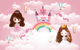 卡通公主城堡儿童房背景墙