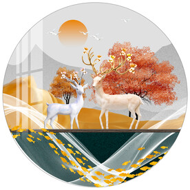 金色秋季麋鹿圆形装饰画