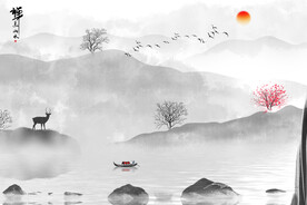 禅意水墨山水背景墙