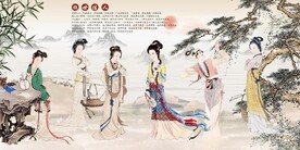 新中式绝世佳人国画电视背景墙