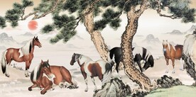 新中式古松骏马国画电视背景墙