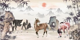 新中式竹林骏马国画电视背景墙