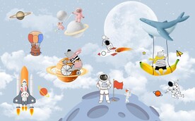 卡通太空冒险儿童房背景墙图片