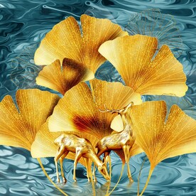 金色银杏叶麋鹿方形装饰画