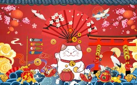 手绘日本料理招财猫背景墙图片