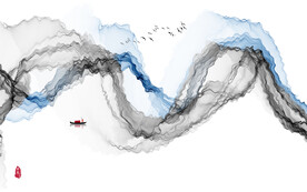 新中式简约曲线条山水背景墙壁画