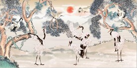 中式松树松鹤延年国画电视背景墙