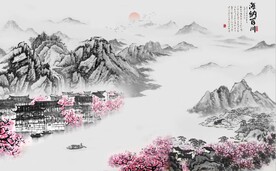江南民居山水国画电视背景墙