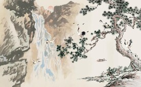 水墨松鹤延年国画电视背景墙