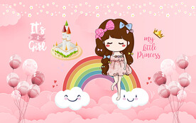 卡通公主彩虹城堡儿童房背景墙.