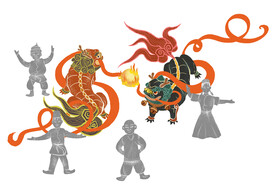 麒麟和石像插画素材