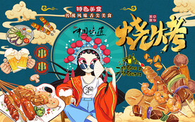 国潮烧烤串串美食工装背景墙