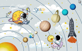 卡通宇宙宇航员儿童房背景墙